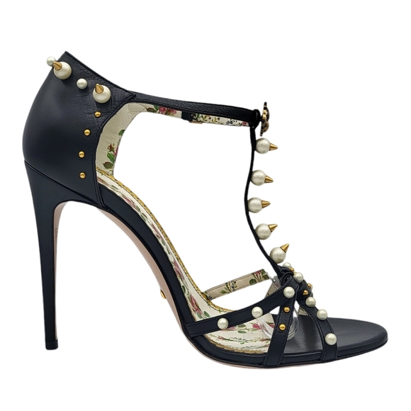 Gucci Regina Pearl Studded Strappy Sandals Black 40 - Picture 5 of 16